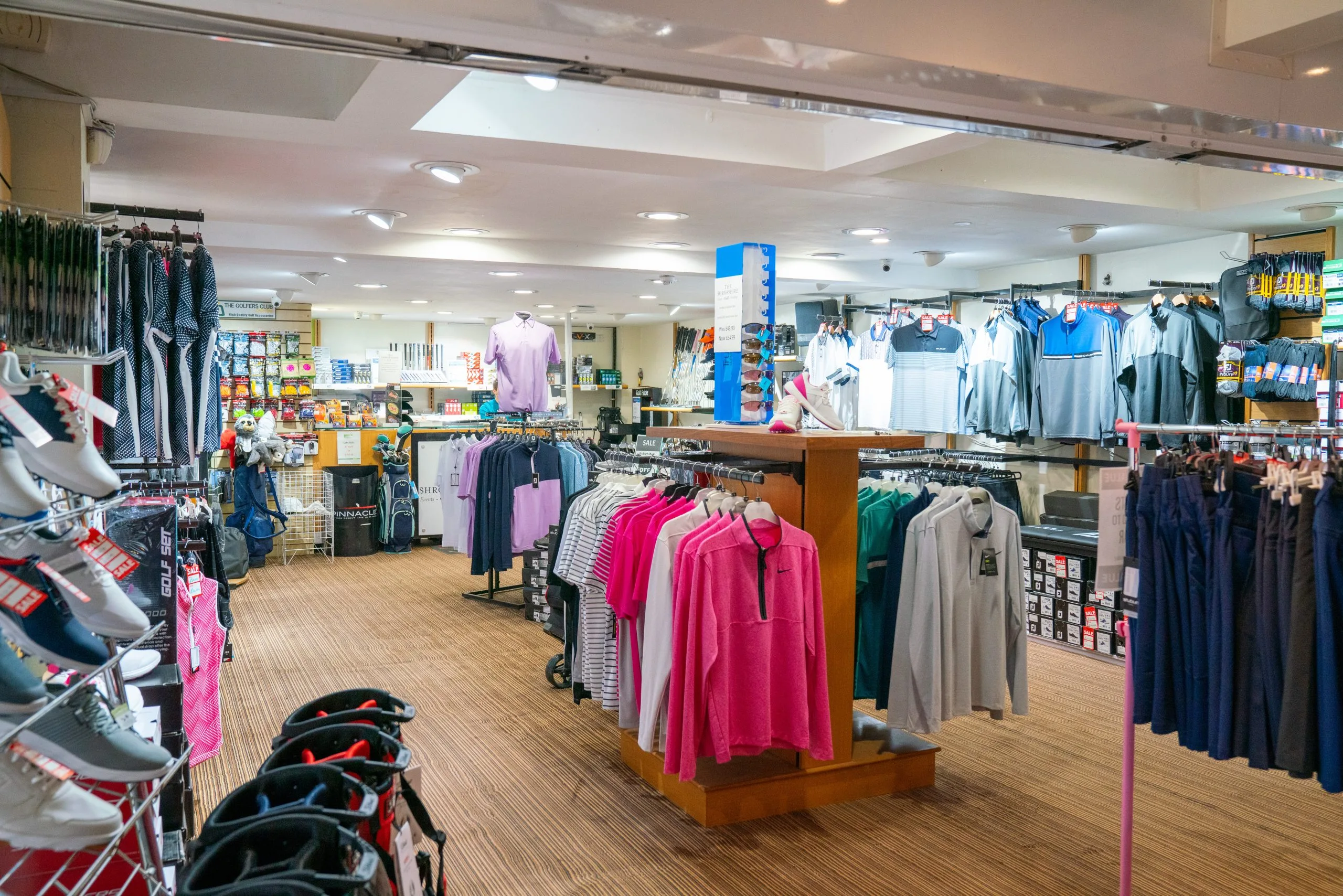 Fully stocked pro golf shop at The Shropshire Golf Club in Telford, offering golf equipment, golf apparel, and golf accessories in Telford